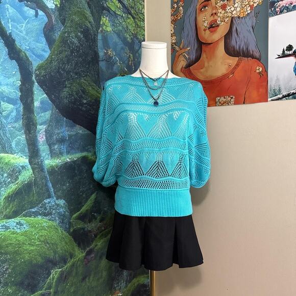 turquoise open knit batwing sweater jon & anna sheer button sleeve pullover - Picture 7 of 7